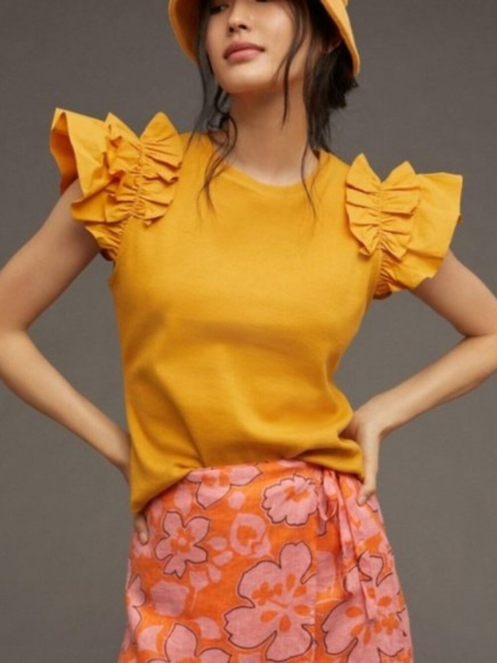 by Anthropologie Mustard Flutter Sleeve Ribbed Top s